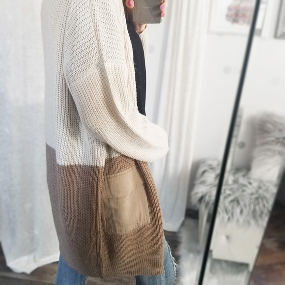 Knit Fall Neutral Cardigan Taupe Color Block Long Pocket Cardigan - Picture 10 of 11